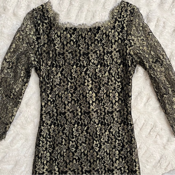 Diane Von Furstenberg Zarita Gold and Black Lace 3/4 Sleeve Dress - Picture 7 of 16